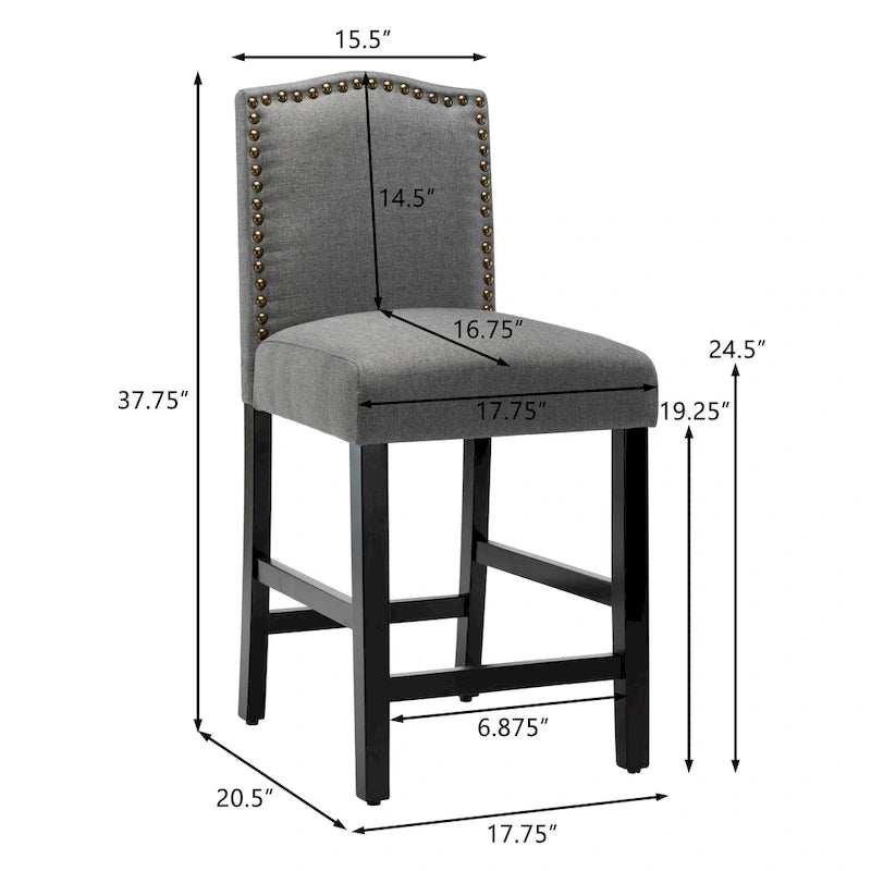 Tabourets de bar de hauteur comptoir avec dossier, revêtement en tissu de 61 cm (24 pouces), garniture cloutée, ensemble de 2