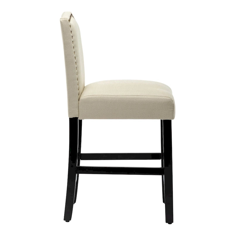 Tabourets de bar de hauteur comptoir avec dossier, revêtement en tissu de 61 cm (24 pouces), garniture cloutée, ensemble de 2