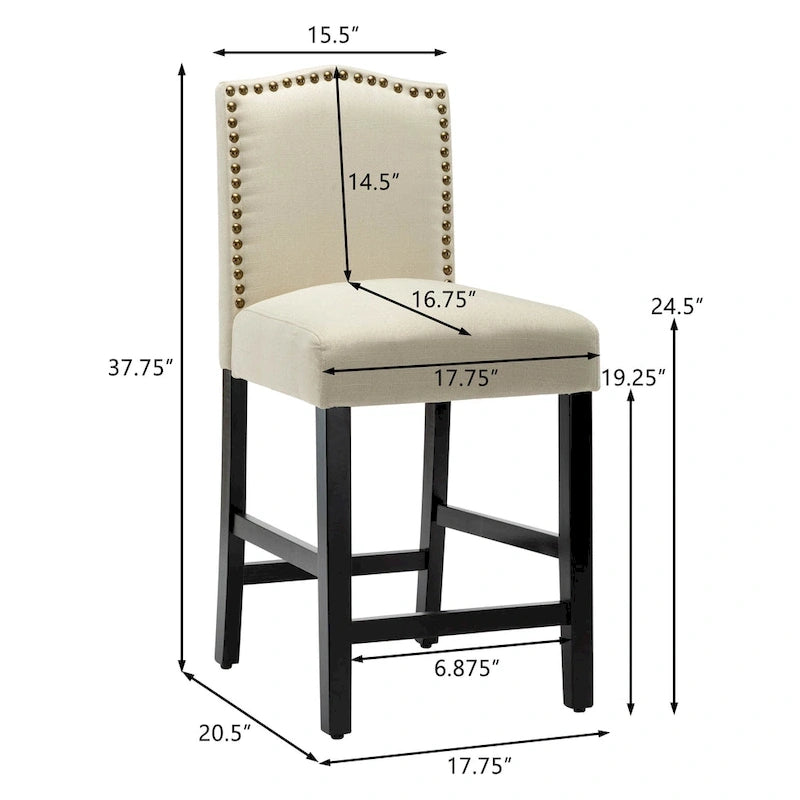 Tabourets de bar de hauteur comptoir avec dossier, revêtement en tissu de 61 cm (24 pouces), garniture cloutée, ensemble de 2