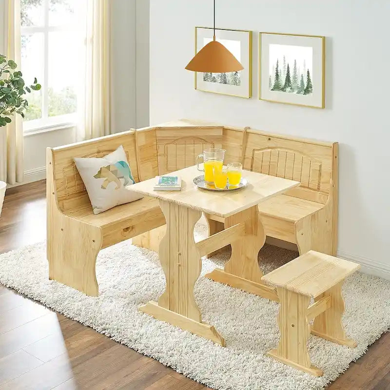 Ensemble table et banc de petit-déjeuner 3 pièces en bois massif de style traditionnel MUSEHOMEINC, avec rangement dissimulé.