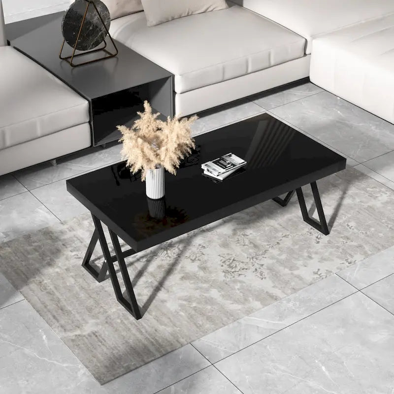 Table basse de salon avec plateau en verre trempé et structure métallique ajourée (46 pouces)