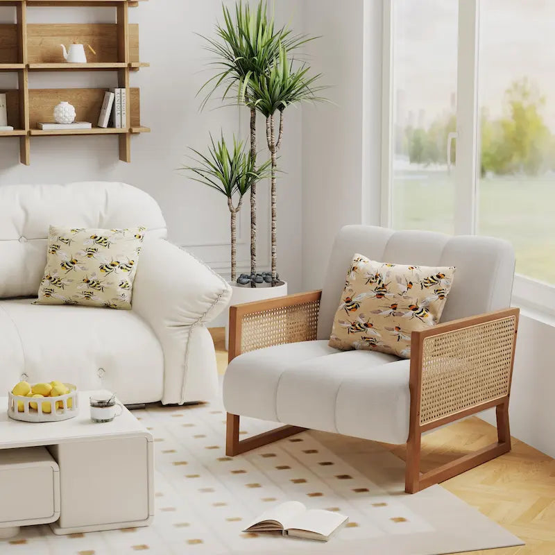Fauteuils d'appoint en rotin, fauteuil en rotin naturel rembourré, fauteuil en lin style moderne du milieu du siècle, chaises d'appoint pour salon et chambre à coucher