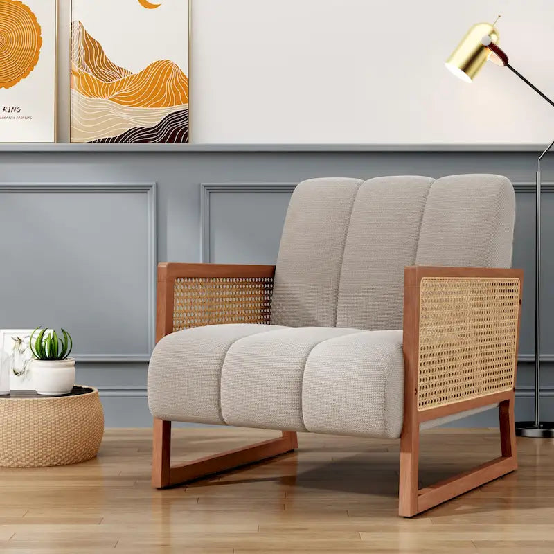 Fauteuils d'appoint en rotin, fauteuil en rotin naturel rembourré, fauteuil en lin style moderne du milieu du siècle, chaises d'appoint pour salon et chambre à coucher