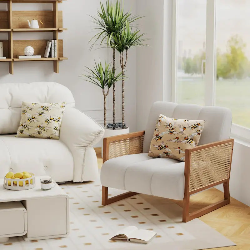 Rattan Accent Chairs, Upholstered Natural Rattan Chair Mid Century Modern Linen Armchair Side Chairs for Living Room Bedroom