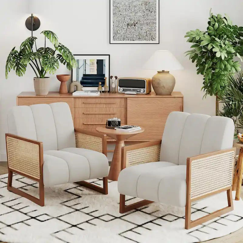 Fauteuils d'appoint en rotin, fauteuil en rotin naturel rembourré, fauteuil en lin style moderne du milieu du siècle, chaises d'appoint pour salon et chambre à coucher