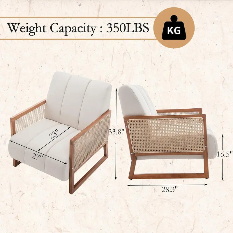 Fauteuils d'appoint en rotin, fauteuil en rotin naturel rembourré, fauteuil en lin style moderne du milieu du siècle, chaises d'appoint pour salon et chambre à coucher