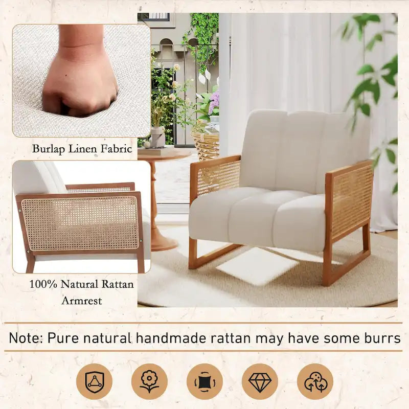 Fauteuils d'appoint en rotin, fauteuil en rotin naturel rembourré, fauteuil en lin style moderne du milieu du siècle, chaises d'appoint pour salon et chambre à coucher