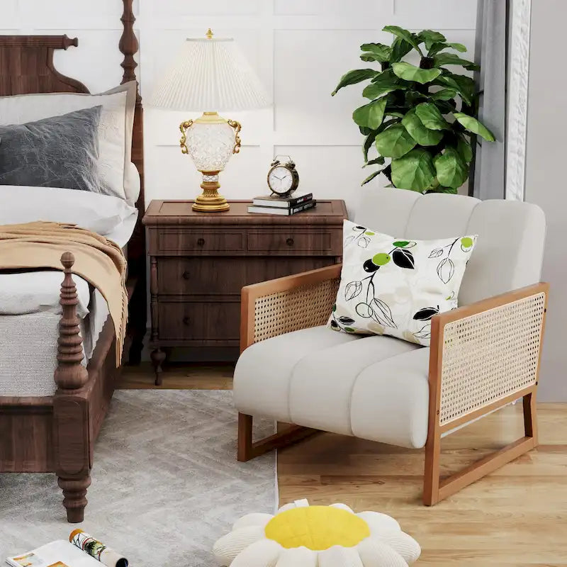 Fauteuils d'appoint en rotin, fauteuil en rotin naturel rembourré, fauteuil en lin style moderne du milieu du siècle, chaises d'appoint pour salon et chambre à coucher