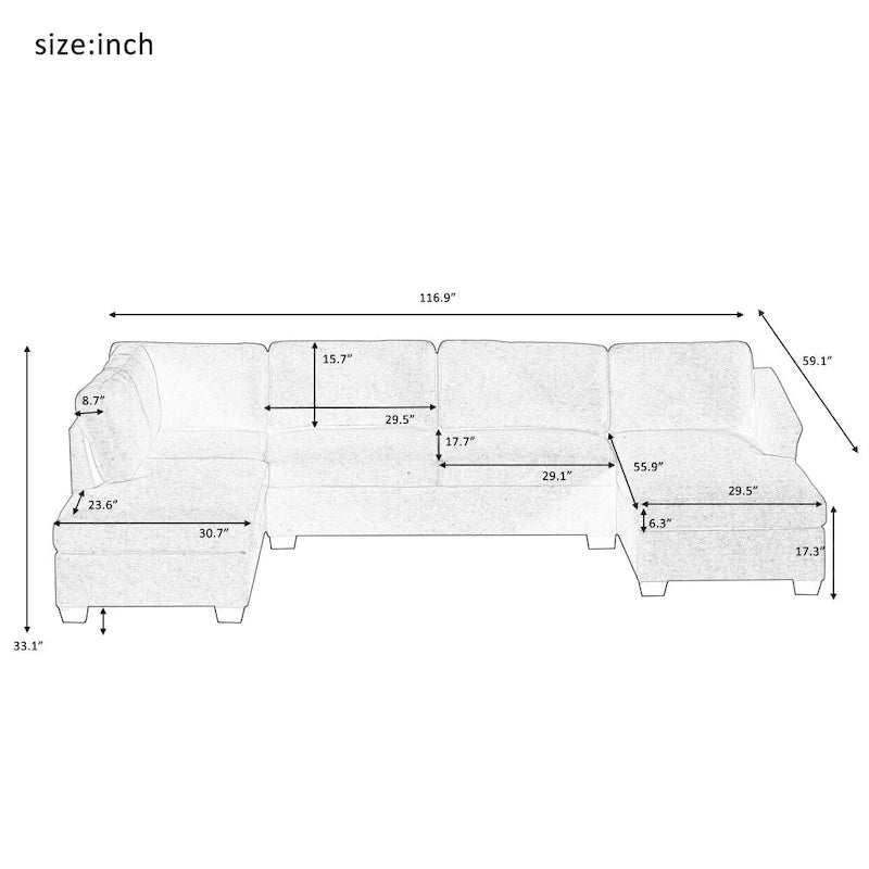 Canapé d'angle en forme de U, méridienne double extra large