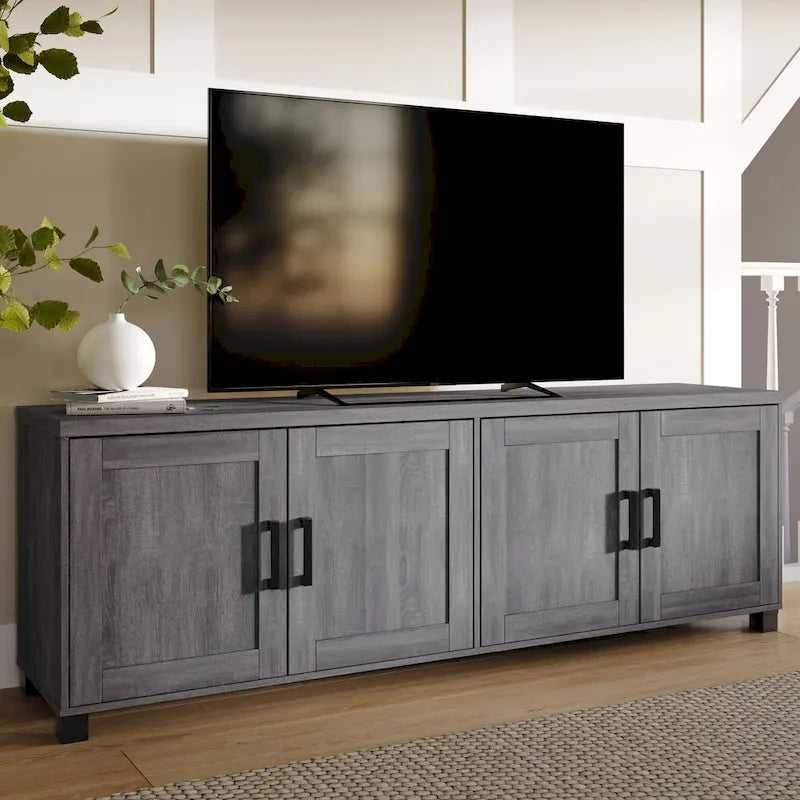 Meuble TV de 180 cm de large avec portes de rangement, compatible avec les téléviseurs jusqu'à 85 pouces.