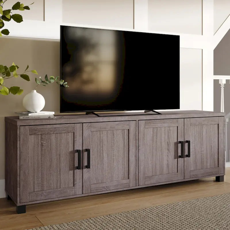 Meuble TV de 180 cm de large avec portes de rangement, compatible avec les téléviseurs jusqu'à 85 pouces.
