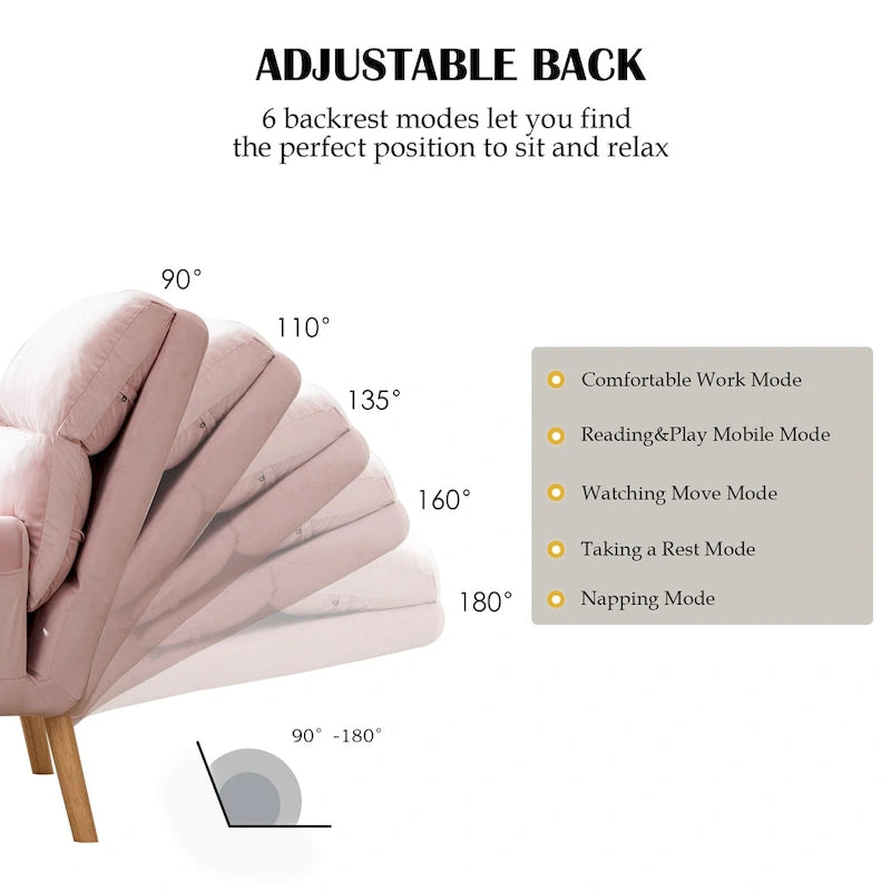 Fauteuil en velours avec repose-pieds, dossier réglable et poches latérales