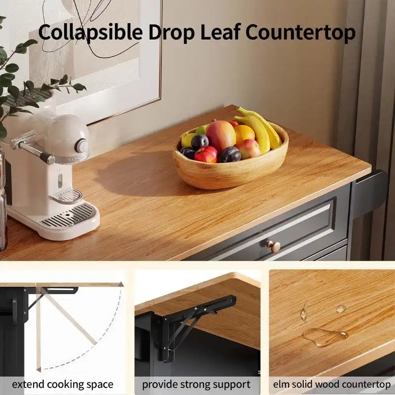 Chariot îlot de cuisine avec plateau en bois massif et roulettes verrouillables