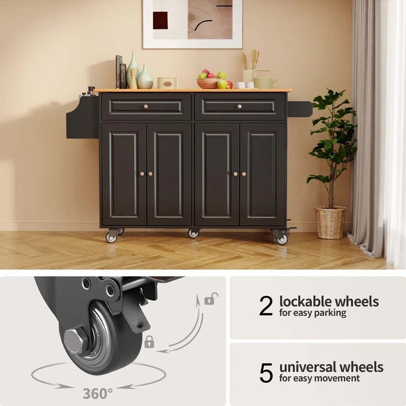 Chariot îlot de cuisine avec plateau en bois massif et roulettes verrouillables