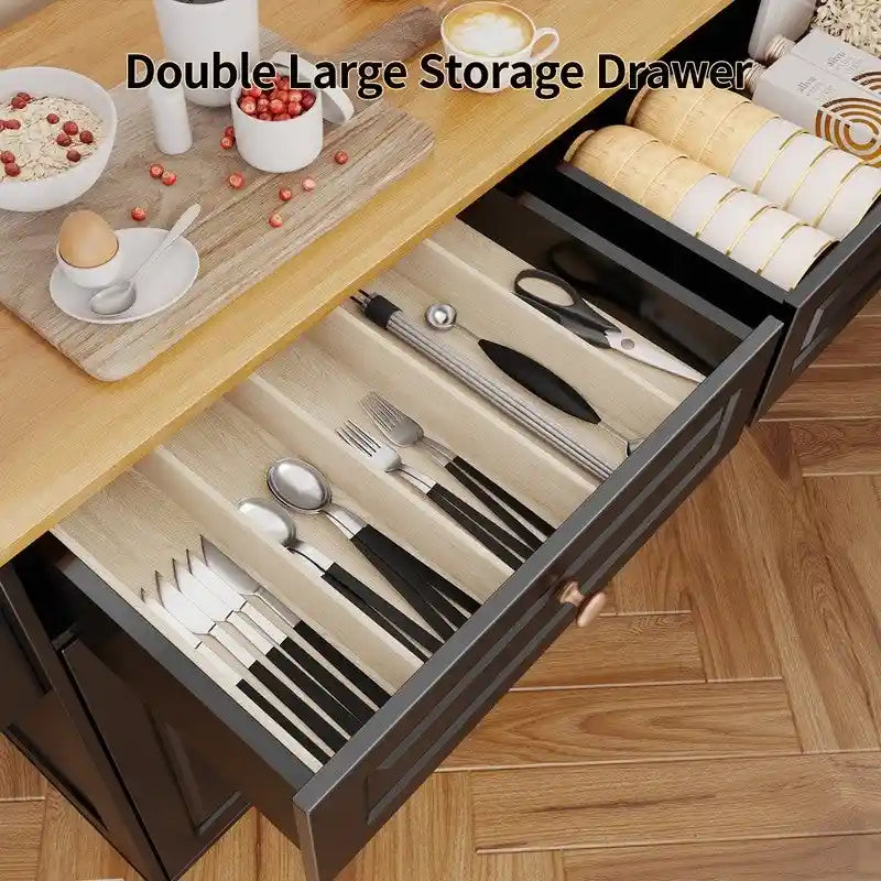 Chariot îlot de cuisine avec plateau en bois massif et roulettes verrouillables