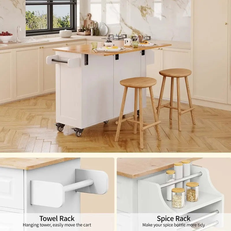 Chariot îlot de cuisine avec plateau en bois massif et roulettes verrouillables
