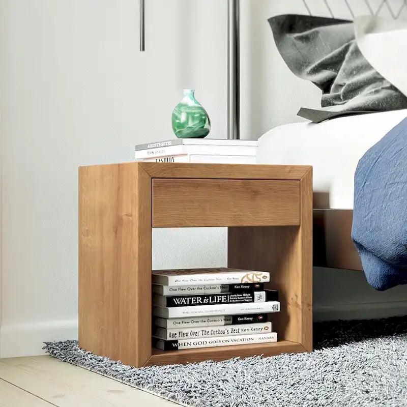 Table de chevet suspendue scandinave avec tiroir, chêne massif - Table d'appoint pour chambre