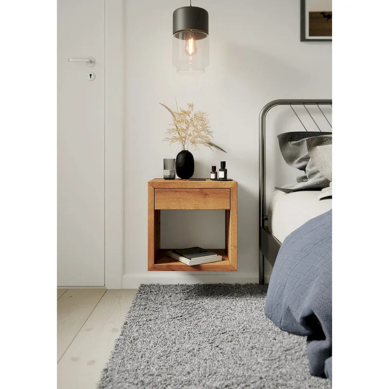 Table de chevet suspendue scandinave avec tiroir, chêne massif - Table d'appoint pour chambre