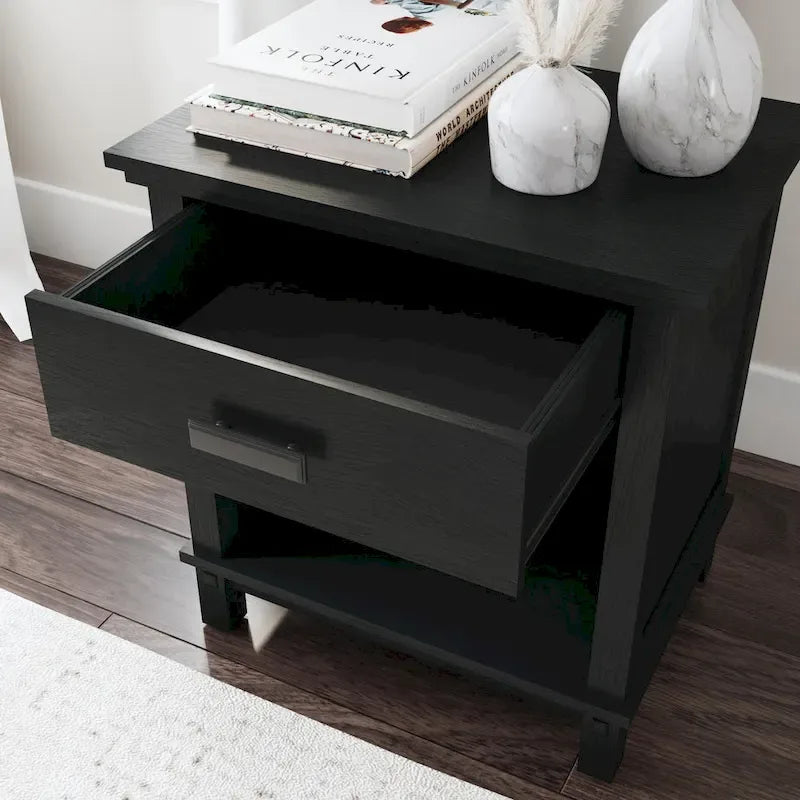 Ensemble lit queen et table de chevet 2 pièces en bois noir Oak Park de Homestyles