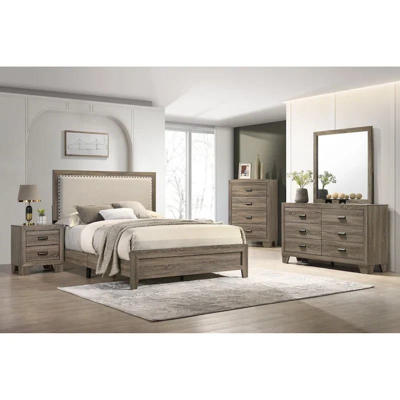 Linette 6 Piece Grey Contemporary Solid Wood And Veneers Fabric Panel Upholstered Bedroom Set