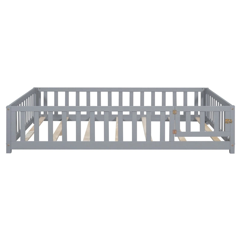 Lit plateforme en bois pleine grandeur avec barrière et porte pour enfants