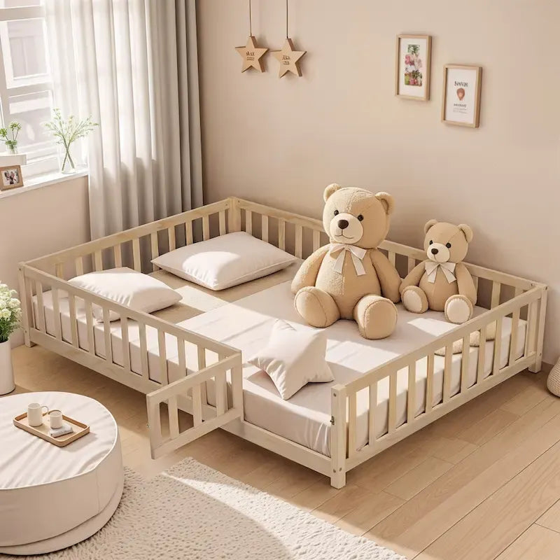 Full Size Wooden Floor Platform Bed with Fence and Door for Kids