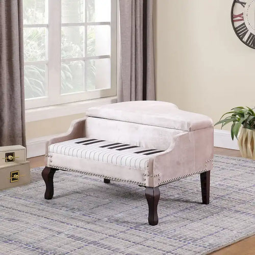 21 In. Beige Piano Upholstered Nailhead Living Room Ottoman