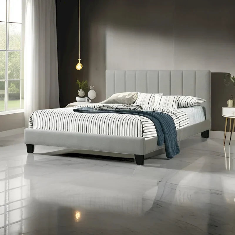 Eve Platform California King Bed, Deep Channel Tufted Light Gray Upholstery