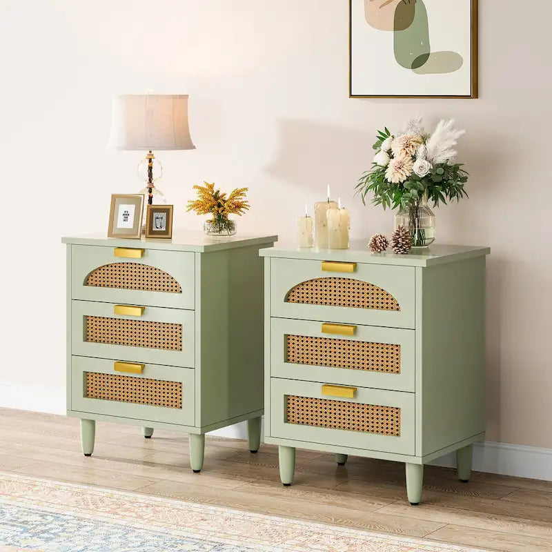 20-Inch Night Stand, 3-Drawer Wood Bedside Table Storage Cabinet for Bedroom, Green