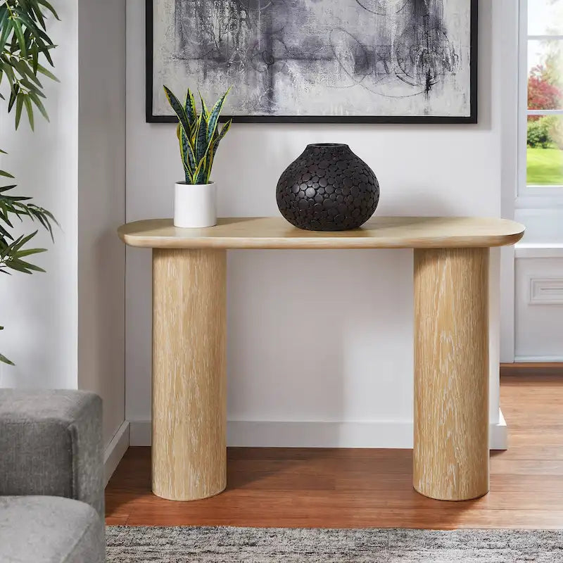 Edo Contemporary Oak-Finished Sofa Table with Sturdy Column Base by iNSPIRE Q Modern