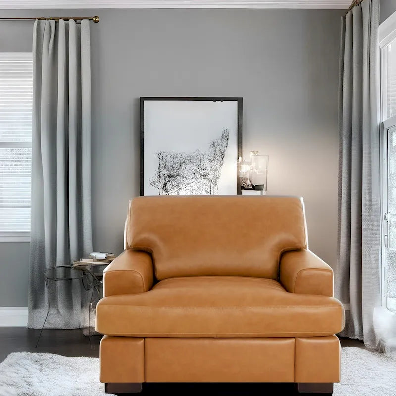 Fauteuil d'appoint en cuir véritable - Confort luxueux - Garnissage en plumes d'oie - Accoudoirs carrés - Pieds robustes en blocs