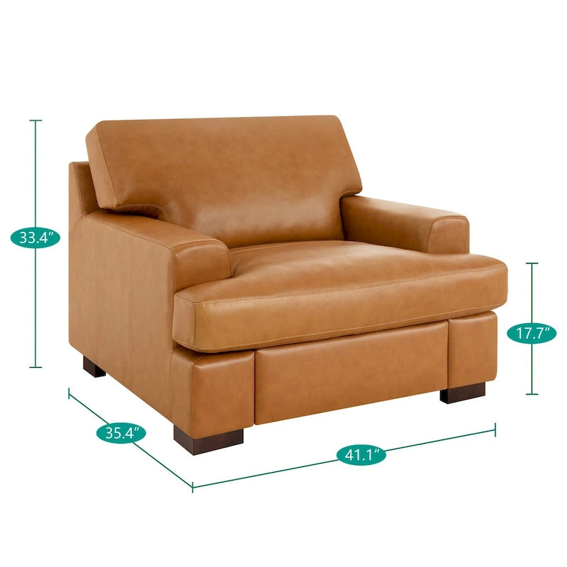 Fauteuil d'appoint en cuir véritable - Confort luxueux - Garnissage en plumes d'oie - Accoudoirs carrés - Pieds robustes en blocs