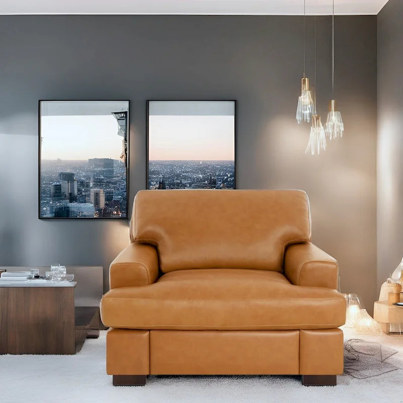 Fauteuil d'appoint en cuir véritable - Confort luxueux - Garnissage en plumes d'oie - Accoudoirs carrés - Pieds robustes en blocs