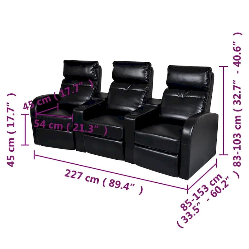 Canapé inclinable 3 places vidaXL pour home cinéma, revêtement en similicuir noir - 89,4 x 33,5 x 40,6