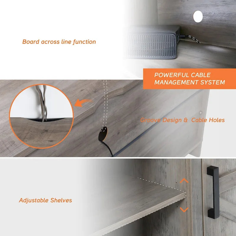 Meuble TV style ferme avec portes de grange, centre de divertissement pour téléviseurs jusqu'à 70 pouces