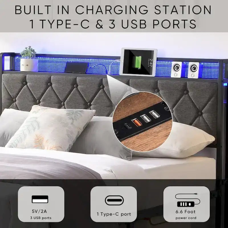 Cadre de lit Queen avec station de recharge et lumières LED, lit plateforme rembourré avec lattes métalliques robustes, aucun sommier requis