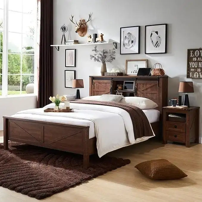 Cadre de lit double de style campagnard avec étagères de rangement et station de recharge