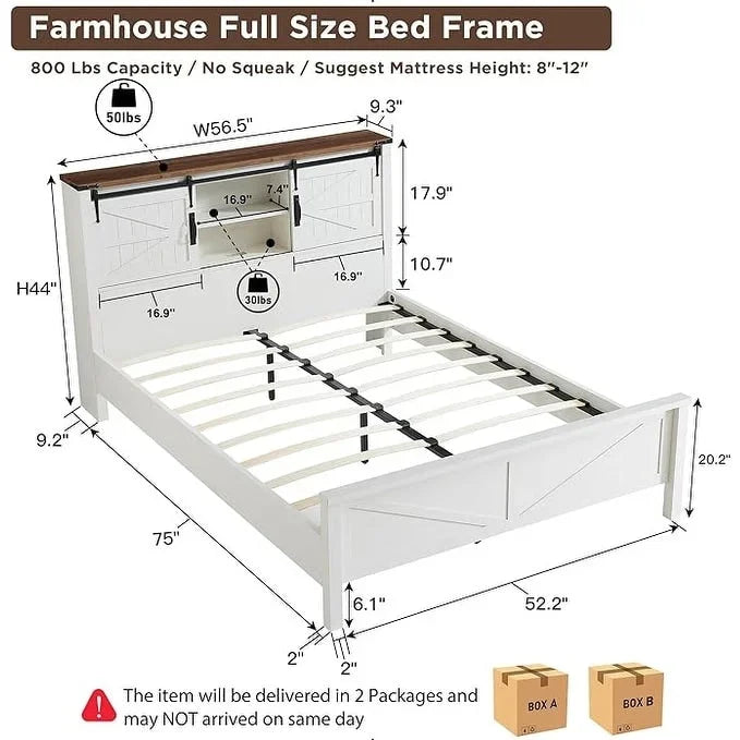 Cadre de lit double de style campagnard avec étagères de rangement et station de recharge