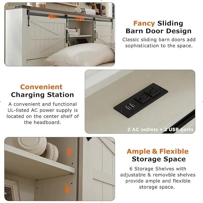 Cadre de lit double de style campagnard avec étagères de rangement et station de recharge