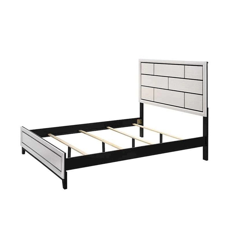 Lit Asir Queen Size, tête de lit à panneaux géométriques, finition bois blanc moderne