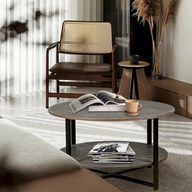 Table basse ronde avec rangement à 2 niveaux