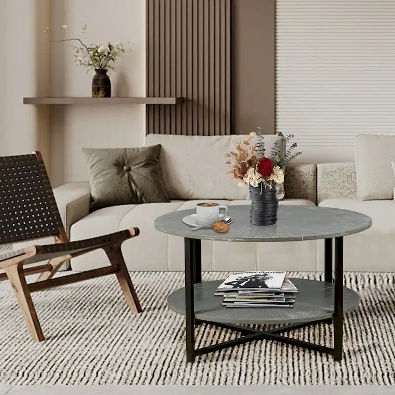 Table basse ronde avec rangement à 2 niveaux