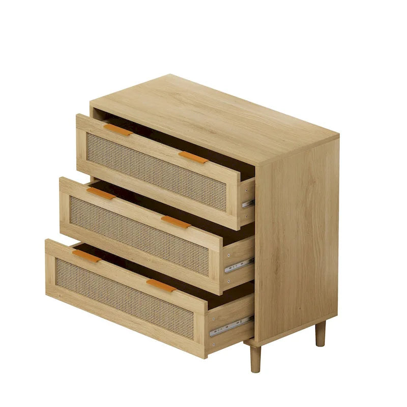 Meuble de rangement en rotin à 3 tiroirs en chêne - 80 cm (L) x 39,5 cm (l) x 76,5 cm (H)