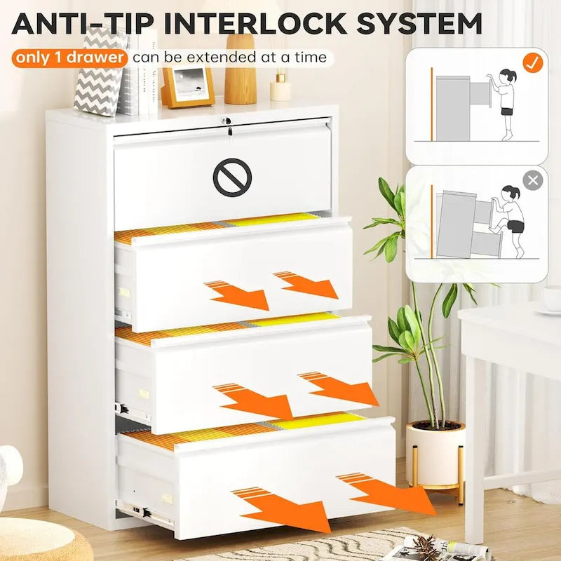 Classeur latéral métallique à 4 tiroirs avec serrure