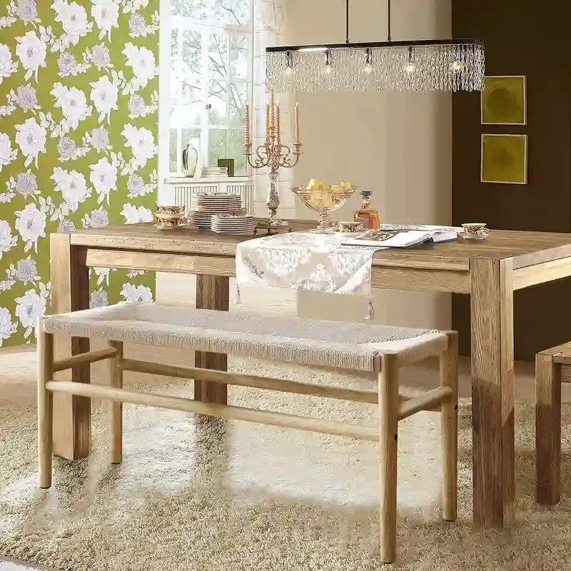 Banc Mieres style bohème en bois massif avec assise en corde tressée, pouf d'intérieur moderne du milieu du siècle avec pieds en bois d'hévéa pour bureau à domicile