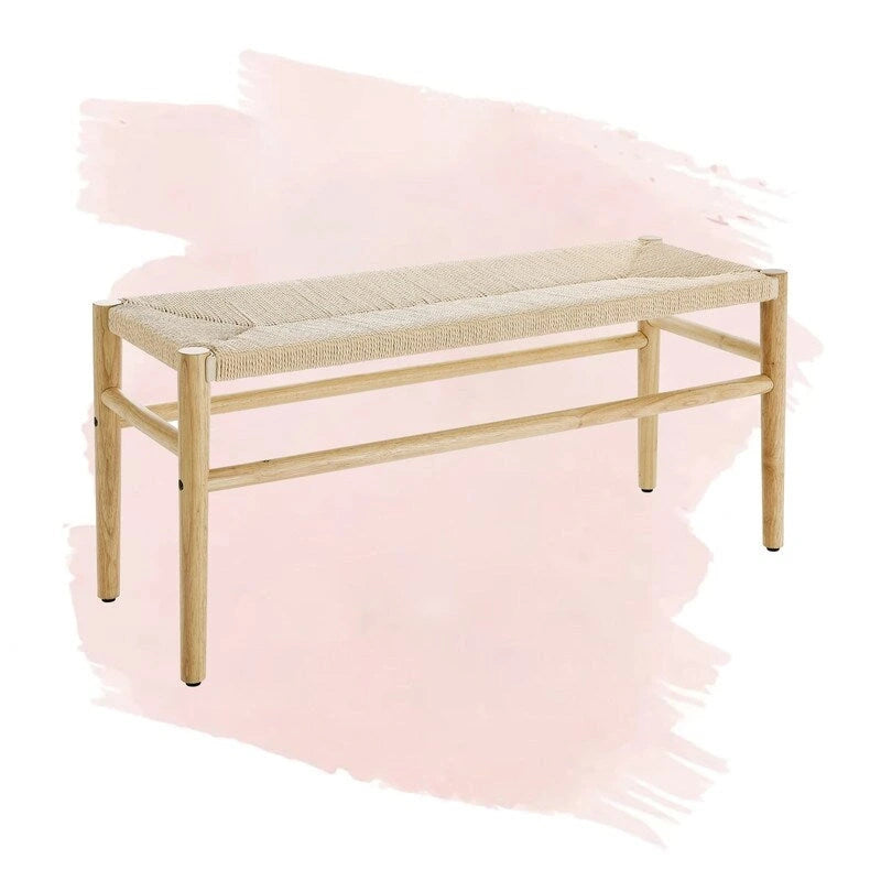 Banc Mieres style bohème en bois massif avec assise en corde tressée, pouf d'intérieur moderne du milieu du siècle avec pieds en bois d'hévéa pour bureau à domicile
