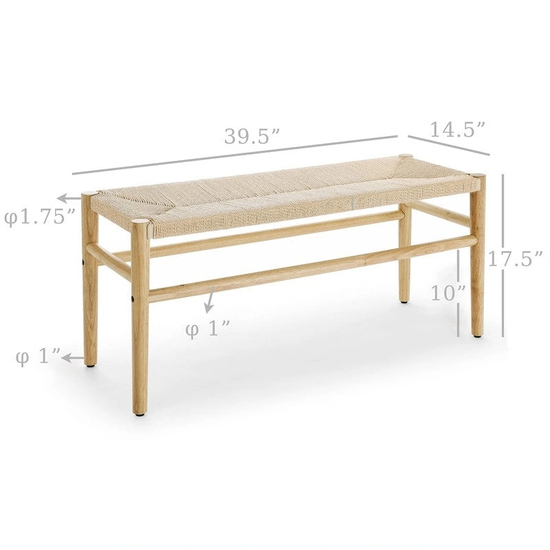 Banc Mieres style bohème en bois massif avec assise en corde tressée, pouf d'intérieur moderne du milieu du siècle avec pieds en bois d'hévéa pour bureau à domicile