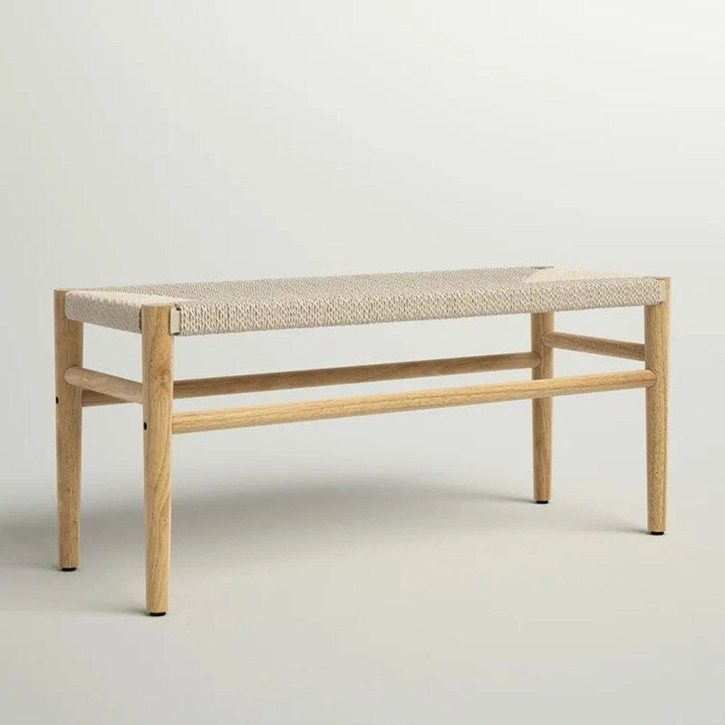 Banc Mieres style bohème en bois massif avec assise en corde tressée, pouf d'intérieur moderne du milieu du siècle avec pieds en bois d'hévéa pour bureau à domicile