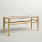 Banc Mieres style bohème en bois massif avec assise en corde tressée, pouf d'intérieur moderne du milieu du siècle avec pieds en bois d'hévéa pour bureau à domicile