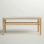 Banc Mieres style bohème en bois massif avec assise en corde tressée, pouf d'intérieur moderne du milieu du siècle avec pieds en bois d'hévéa pour bureau à domicile